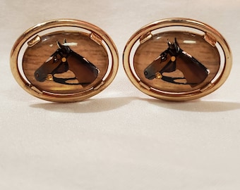 Vintage Swank Horse Head Cuff Links, beveled glass, Western, English Horseman, Horse, Ranch, Race Horse, gold tone, oval, Father's Day,