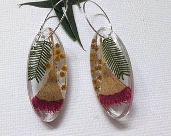 Australian native pressed flower earrings in resin, handmade, unique gift