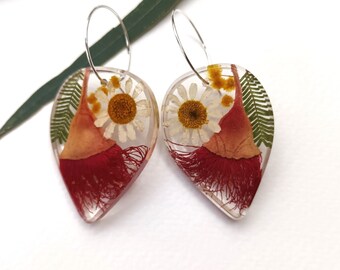 Real pressed flower earrings in resin, Australian natives, handmade, flowering gum