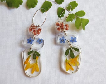 Real pressed flower earrings in resin, Handmade,  Wattle, Australian natives, Chandeliers