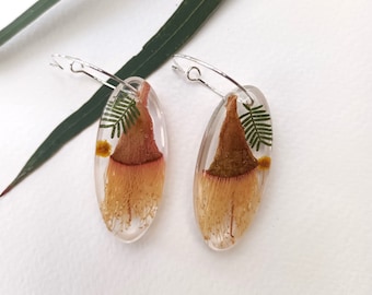 Australian native pressed flower earrings in resin, handmade, unique gift