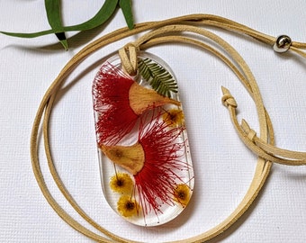 Pressed flower necklace in resin, Handmade, Australian natives, Wattle, Flowering gum