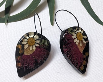 Real pressed flower earrings in resin, Australian natives, handmade, flowering gum