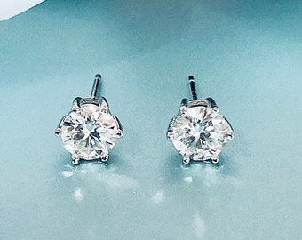 1 Carat Moissanite Stud Earrings, Silver Moissanite Earrings, 1ct Moissanite Jewelry, Moissanite Diamond Six Prong Solitaire Setting Stud