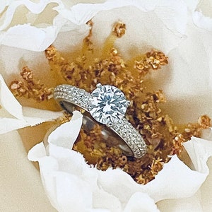 1ct Sterling Silver Moissanite With Small CZ Pave Ring, Classic & Elegant Round Brilliant Solitaire Ring, 1 Carat Moissanite Diamond Ring