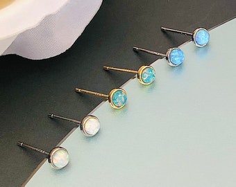 Tiny Blue Opal Studs, 925 Sterling Silver Opal Earrings, Gold-Silver Opal Jewelry, Opal Gift For Mom, October Birthstone Earrings