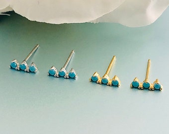 Silver-Gold Trio Tiny Stud Earrings, Turquoise Stud earrings, Tiny Trio Turquoise Stud Earrings, Birthday Studs, Gift For Her, Everyday Wear