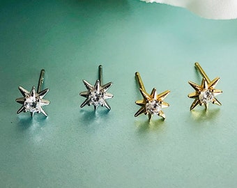 925 Silver & Gold Tiny Star Stud Earrings, CZ Star Earrings, Minimalist Star Studs, Star Jewelry, Tiny Dainty CZ Star Studs