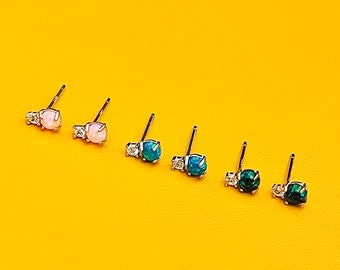 925 Pink-Blue  Opal Stud Earrings, Tiny Opal Jewelry, Opal Minimalist Studs, Simulated Opal Studs, Opal Jewelry Studs, October Birthstone