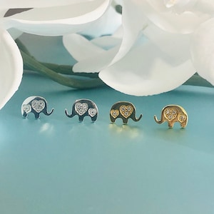 925 Lucky Elephant Stud Earrings In Gold-Silver, Gold-Silver Elephant CZ Heart Shape Studs, Elephant Ear Studs, Minimalist Elephant Studs