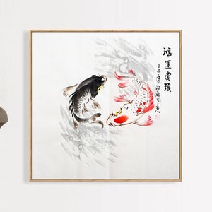 Hand-Painted Koi fish art, Original Chinese watercolor koi painting, freehand style koi fish, square sumi e painting, 68x68cm