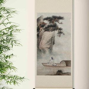 Chinese ink brush painting, handmade silk hanging scroll, Hand-painted, authentic Chinese landscape painting, 46x87 cm, ink on Xuan paper