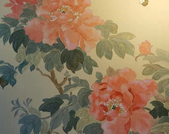 Hand-painted Chinese Mudan peony painting, Color on cooked thick Xuan paper, one of a kind, pink peony watercolor painting with golden mica