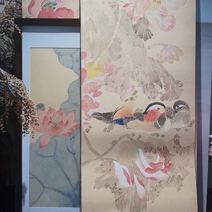 Mandarin duck in lotus pond painting, Chinese love bird, auspicious painting for bedroom, original hand-painted, color on thick Xuan paper