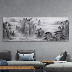 Authentic Hand-painted Chinese ink brush Landscape art, original ink wash painting, Shan shui painting, misty mountains, Feng shui painting