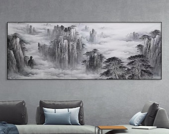 Authentic Hand-painted Chinese ink brush Landscape art, original ink wash painting, Shan shui painting, misty mountains, Feng shui painting