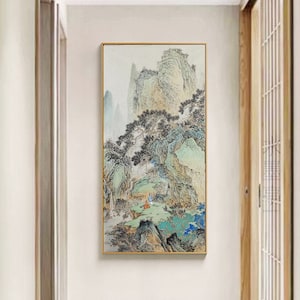 Original Chinese landscape painting, Hand-painted antique style mountains landscape, large vertical elegant Shan shui painting, 26X53 VL