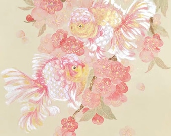 Original hand-painted, goldfish and pink peach blossoms, Chinese Mogu art, watercolor painting, unframed, vertical 21x29.7 cm
