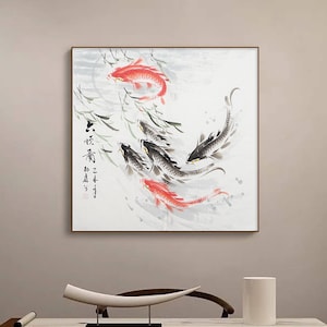 Hand-painted Chinese ink wash six koi fish art, ink and watercolor koi fish painting, Original koi brush painting, Fengshui art, 27x27 SK