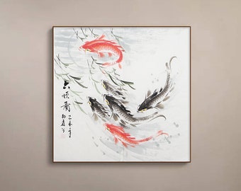 Hand-painted Chinese ink wash six koi fish art, ink and watercolor koi fish painting, Original koi brush painting, Fengshui art, 27x27 SK