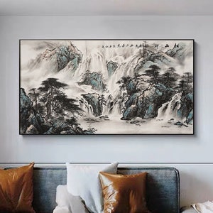 Original Chinese Shuimo painting, pine tree and waterfalls, hand-painted Shan shui painting, large horizontal original brush painting