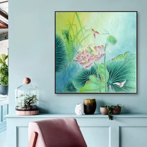 Hand painted lotus painting, romantic lotus flower painting, bright and clean flower petals, Chinese Gongbi painting, original lotus art