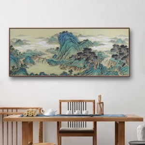 original hand-painted Chinese landscape painting, Chinese traditional blue-green Shan shui painting, extra large horizontal brush painting