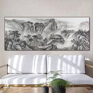 Original ink wash art, Hand-painted Chinese Landscape Art, horizonal large hand-painted vast waterfalls and mountains, black and white