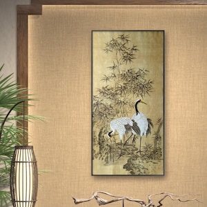 Original Chinese meticulous red-crowned cranes and bamboos, Retro style hand painted crane art, , large vertical unframed original painting