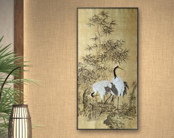 Original Chinese meticulous red-crowned cranes and bamboos, Retro style hand painted crane art, , large vertical unframed original painting
