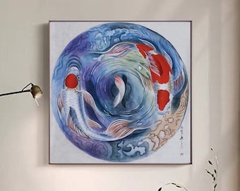 Hand-Painted meticulous Koi fish art, Original Chinese watercolor koi painting, 没骨 mogu style koi fish brush painting, sumi-e koi painting