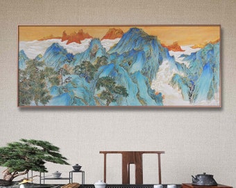 Mineral pigments painted brushwork, Hand-painted Chinese landscape, large horizontal Chinese wall art, Jin-Bi Shan shui, 金碧山水画, 70x27 HL