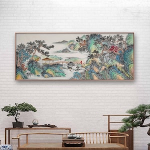 Large horizontal hand-painted brush painting, Original Chinese traditional landscape painting, authentic meticulous Shan shui  painting