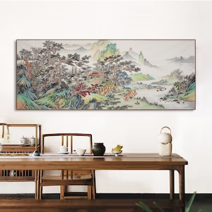 Hand-painted fine-brush Shan Shui painting, original Chinese traditional landscape painting, Chinese Gongbi landscape painting, 178x66 cm