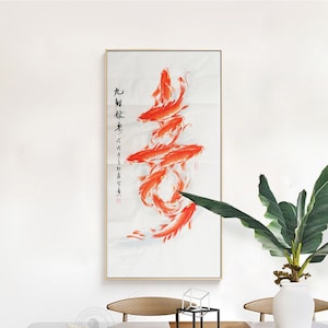 Hand-Painted ink wash Koi fish, Original Asian watercolor koi painting, freehand style nine koi fish, vertical Shui mo koi fish, 20x39 VK