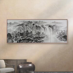 Original ink wash painting, Shan shui painting, Authentic Hand-painted Chinese waterfalls Landscape art, misty mountains, Feng shui painting