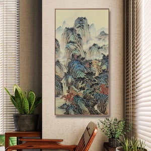 Original Chinese painting, hand-painted Chinese traditional landscape, vintage taste mountain art, large vertical Chinese painting, 26x53 VL