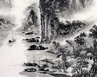 Minimal Abstract Ink Wash Painting, Original Vertical Chinese Shan