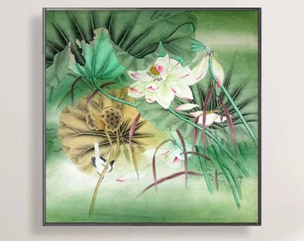 白い蓮の花と赤いトンボの細心の絵画、HDプリント、中国の水彩画の蓮の