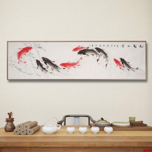 Original ink wash koi brush painting, koi fish pond brushwork, large size long narrow horizontal koi wall art, unframed originals, 71x19 HK