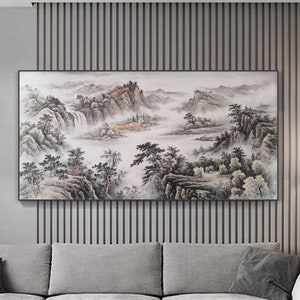 Feng shui treasure land surrounded by mountains on all sides, Chinese ink wash painting, original ink brush painting, hand-painted painting
