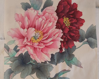 Chinese mudan peony flower painting, Original hand-painted, Chinese traditional meticulous flower art, watercolor floral painting, 34x45 cm