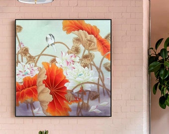 Watercolor lotus blossoms art, original painting, hand painted lotus art, Chinese meticulous bird and flower painting, vibrant flowers art
