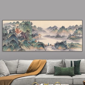 Hand-painted antique taste Chinese landscape painting, Original Chinese brush painting,  East Asian ink wash mountains and waters painting