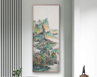 Refined brush painting, Hand-painted mountains and waters, large size vertical narrow Shan shui art, Original Chinese painting, 68x180 cm