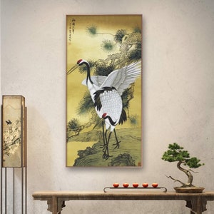 Hand-painted red crowned crane, Chinese meticulous painting,  large vertical pine tree and crane art, original Gongbi painting