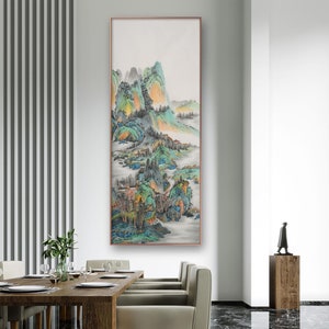 Refined brush painting, Hand-painted mountains and waters, large size vertical narrow Shan shui art, Original Chinese painting, 68x180 cm