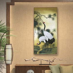Chinese meticulous painting,  large vertical pine tree and red crowned crane, hand-painted crane art, original Gongbi painting