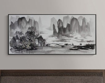 Hand-painted Chinese brush painting, Original artwork, Horizontal Chinese countryside ink wash painting, Chinese Landscape painting
