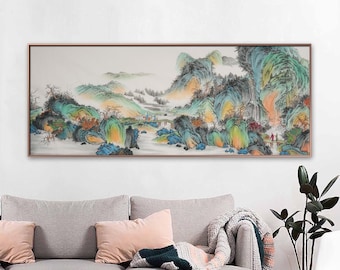 Classic Chinese traditional landscape painting, hand-painted miles mountains and waters, large horizontal original artwork, mineral painting
